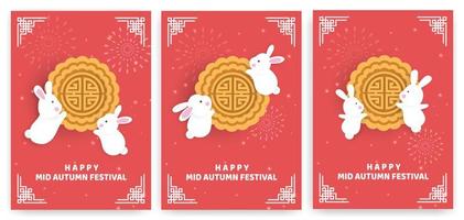 Autumn festival card set with rabbits on red vector