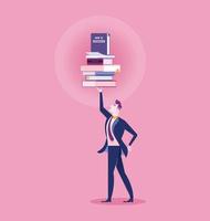 Business man holding pile of books above head vector