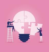 Businessmen sitting on ladder, completing an idea light bulb puzzle vector
