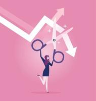 Businesswoman using scissors to cut off the falling downward arrow vector