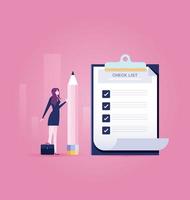 Businesswoman holding a pencil near completed checklist on clipboard  vector
