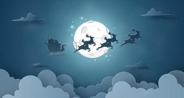 Papá Noel y renos volando en el cielo con fondo de cielo nocturno de luna llena vector