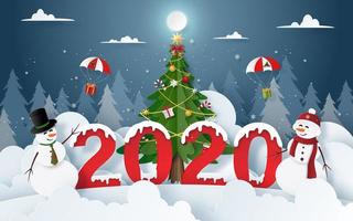 arte de papel de muñeco de nieve con fiesta de navidad y año nuevo 2020 en nochebuena vector