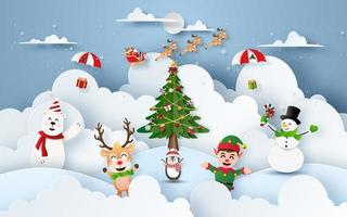 Origami Paper art of Christmas party at snow mountain  vector