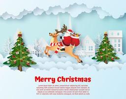 Origami paper art of Santa Claus and Reindeer in the village