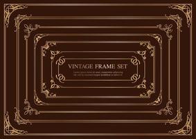 Set Of Seven Gold Rectangular Vintage Frames Isolated On A Dark Background. vector