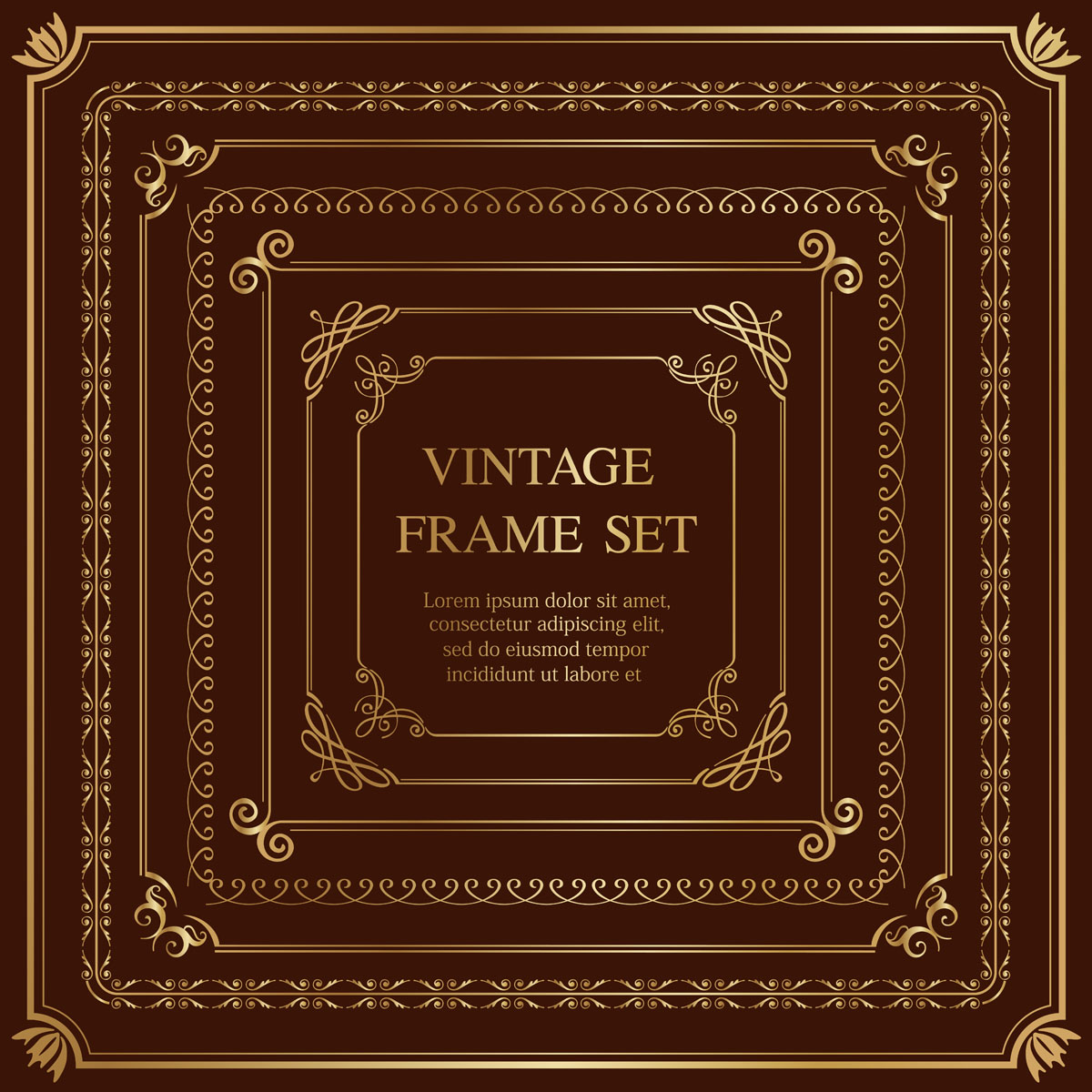 Set Of Seven Gold Square Vintage Frames Isolated On A Dark Background Download Free Vectors Clipart Graphics Vector Art