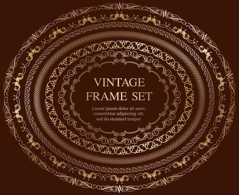 Set Of Seven Gold Oval Vintage Frames Isolated On A Dark Background. 