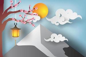 arte de papel monte fuji con diseño de árbol vector