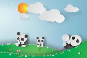 Paper Art Pandas Playing Design  vector