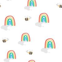 Kids Seamless Pattern with Cute Rainbow and Bee  vector