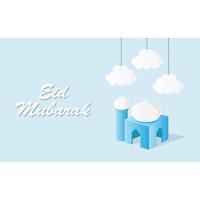 Eid Mubarak Blue Mosque Greeting Card  vector