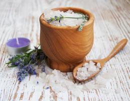 Mortar and pestle with lavender salt photo