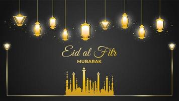Eid Al-Fitr Mosque and Gold Lanterns on Black vector