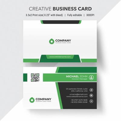 Horizontal white business card with green details