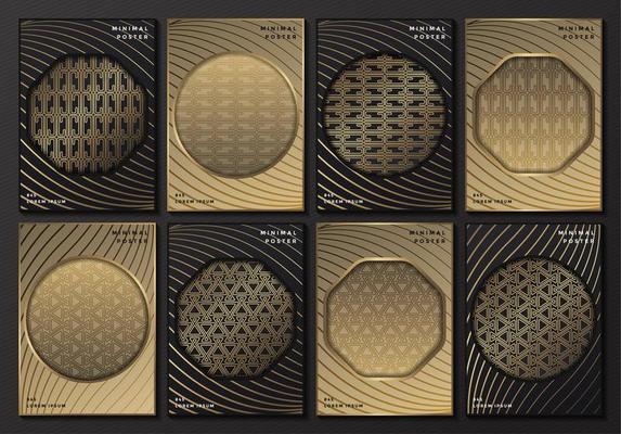 Gray and gold patterned posters with geometric frames