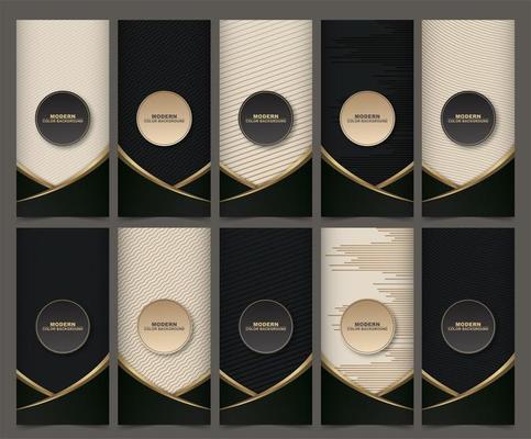 Collection of packaging templates with black golden labels and frames