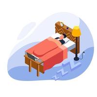 hombre cansado y durmiendo en la cama frente a su computadora portátil vector