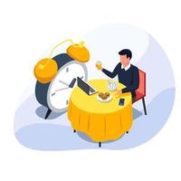 Business man eating his lunch and holding juice while do remote work in laptop. vector