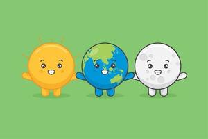 Cute Moon, Earth, and Sun Characters With Happy Expression vector