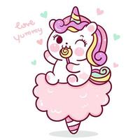 Cartoon unicorn with sucker on cotton candy vector