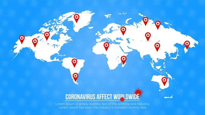 Blue poster with Coronavirus affected world location pins