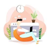 Man relaxing and working from home on laptop vector