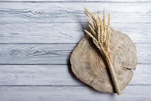 Sheaf of Wheat over Wood Background. Harvest concept. Top view photo