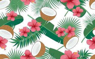 Modelo inconsútil tropical con flores y cocos vector