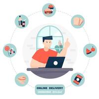 Man orders food with a laptop from home vector