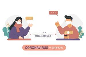 Man and woman chatting while social distancing vector