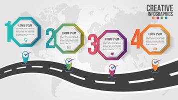 Infografía hexagonal de 4 pasos con punteros en carretera vector