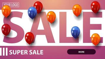 Pink discount banner for website with red, blue and yellow balloons vector