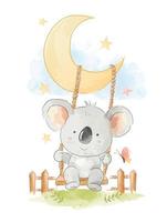 Watercolor style koala siting on swing hanging on moon vector