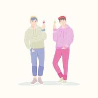 Asian men doing finger heart, sign of love vector