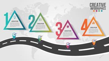 Infografía del mapa mundial con 4 pasos triangulares coloridos vector