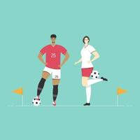 Soccer players standing with balls and corner flags vector