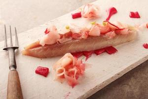 cured mackerel fillets with rhubarb