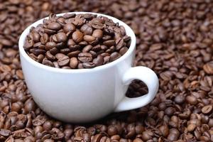 taza con granos de café sobre un fondo de granos de café