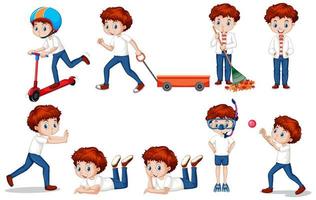 Set of boy with red hair doing different activities vector