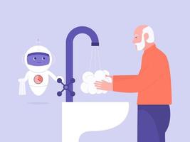 Senior Man Washing Hands with Healthcare Robot vector