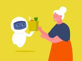 Care Robot Delivers Groceries for Elderly Woman vector