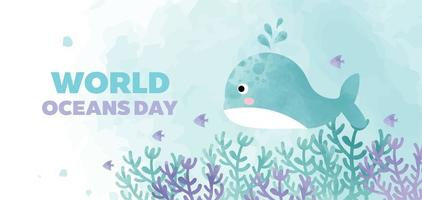 World Oceans Day banner with fish and whale vector