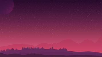 paisaje rosado de la tarde con cielo estrellado, colinas en el horizonte y bosque de coníferas. vector