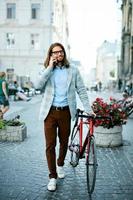 Man Bike Fashion. Male With Bicycle And Phone Going To Work.