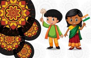 Mandala gray pattern design background with Indian girl and boy vector