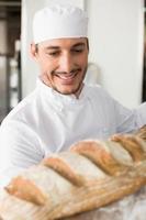 Happy baker taking out fresh loaf photo