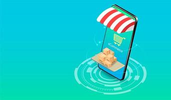 Shopping online on smartphone with e-commerce system vector
