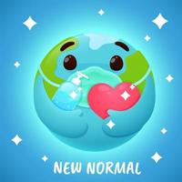 ''New Normal'' Globe with Facemask and Holding Sanitizer vector