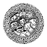 Cute funny monsters in circle shape pattern vector